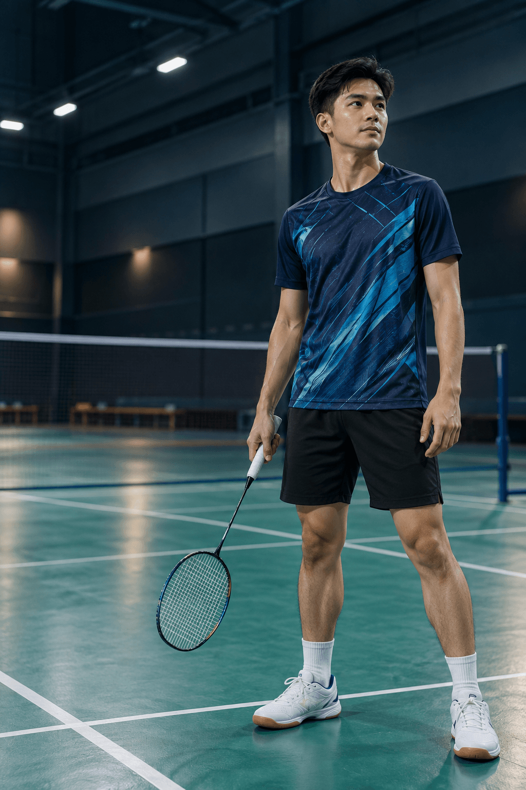 Badminton player with a racket on court